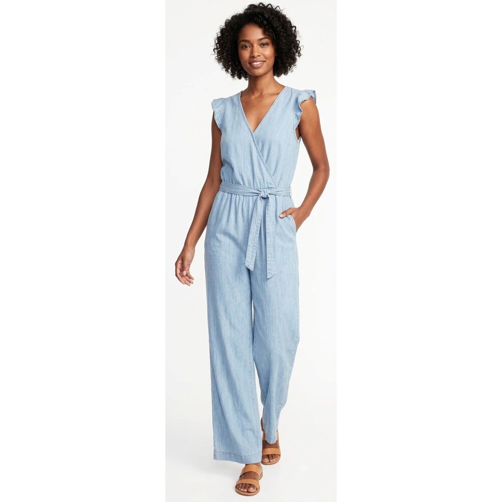 Old Navy Ruffle Chambray Blue Jumpsuit Women's Size XL (Tall) NWT